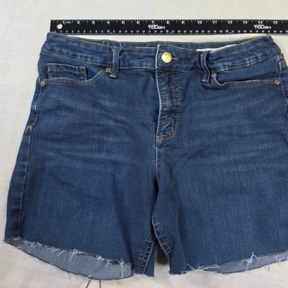 Anne Klein Bermuda Denim Shorts Dark Wash Raw Hem Stretch Size 10